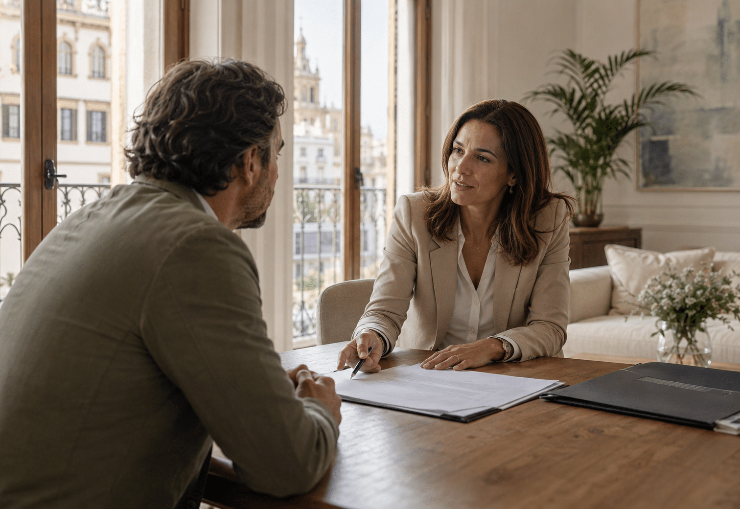 Propietario conversando con gestor profesional en apartamento elegante de Sevilla
