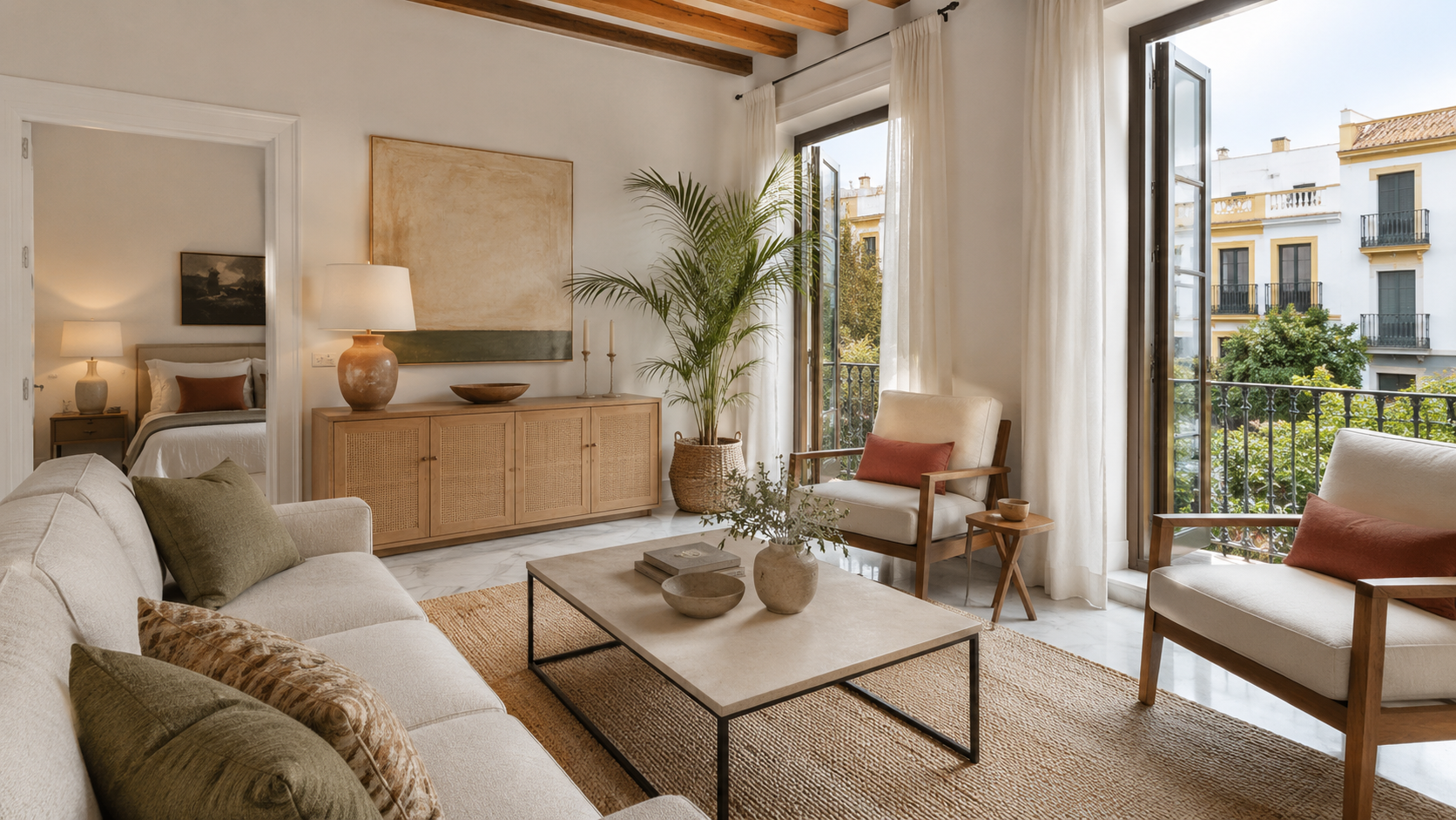 Salón luminoso de apartamento turístico elegante en Sevilla listo para reservas